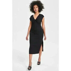 Bar III Women's Knit Ribbed V-Neck Sweater Dress Size Medium Black Short Sleeves